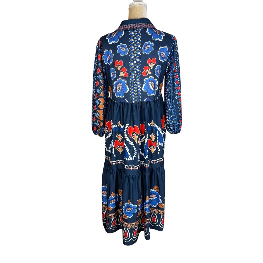 Sunday Up Dress Womens Size Medium Blue Red Bohemian Maxi Tiered Floral Collar - Picture 5 of 10